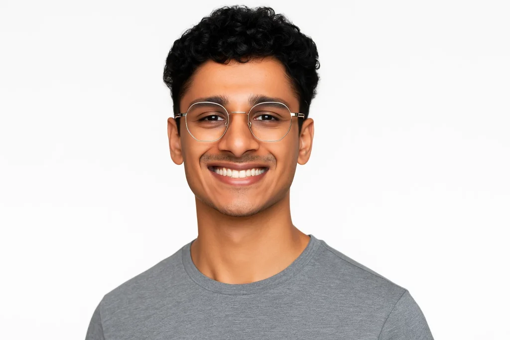 Vishaal Nair smiling confidently in a professional portrait, wearing a casual shirt with a clean background.