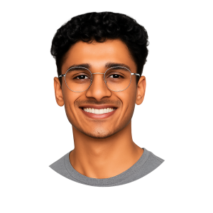 Circular portrait of Vishaal Nair, AI consultant from Winnipeg, smiling confidently with curly black hair, glasses, and a grey shirt on a transparent background.