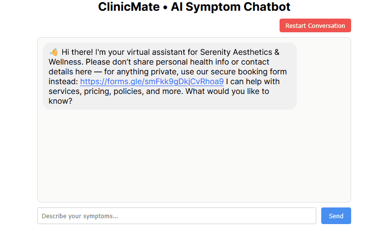 AI symptom chatbot greeting message for Serenity Aesthetics & Wellness with a secure link for private bookings.