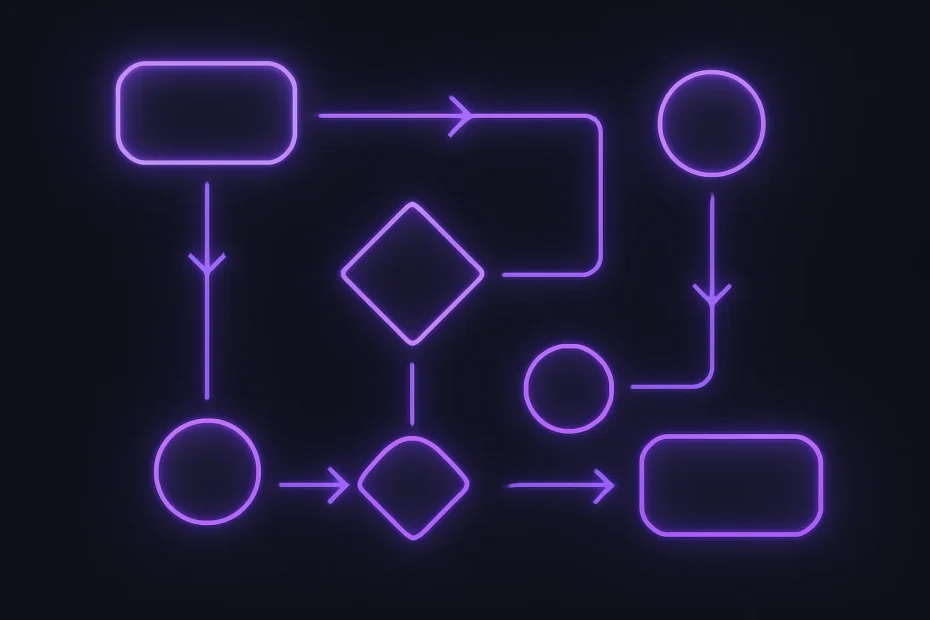 Dark mode flowchart illustration with glowing lavender nodes and arrows, representing an automated AI workflow.